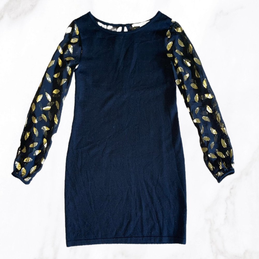 Diane Von Furstenberg Black Alagna Mini Dress‎ w Gold Leaf Detail, Size S